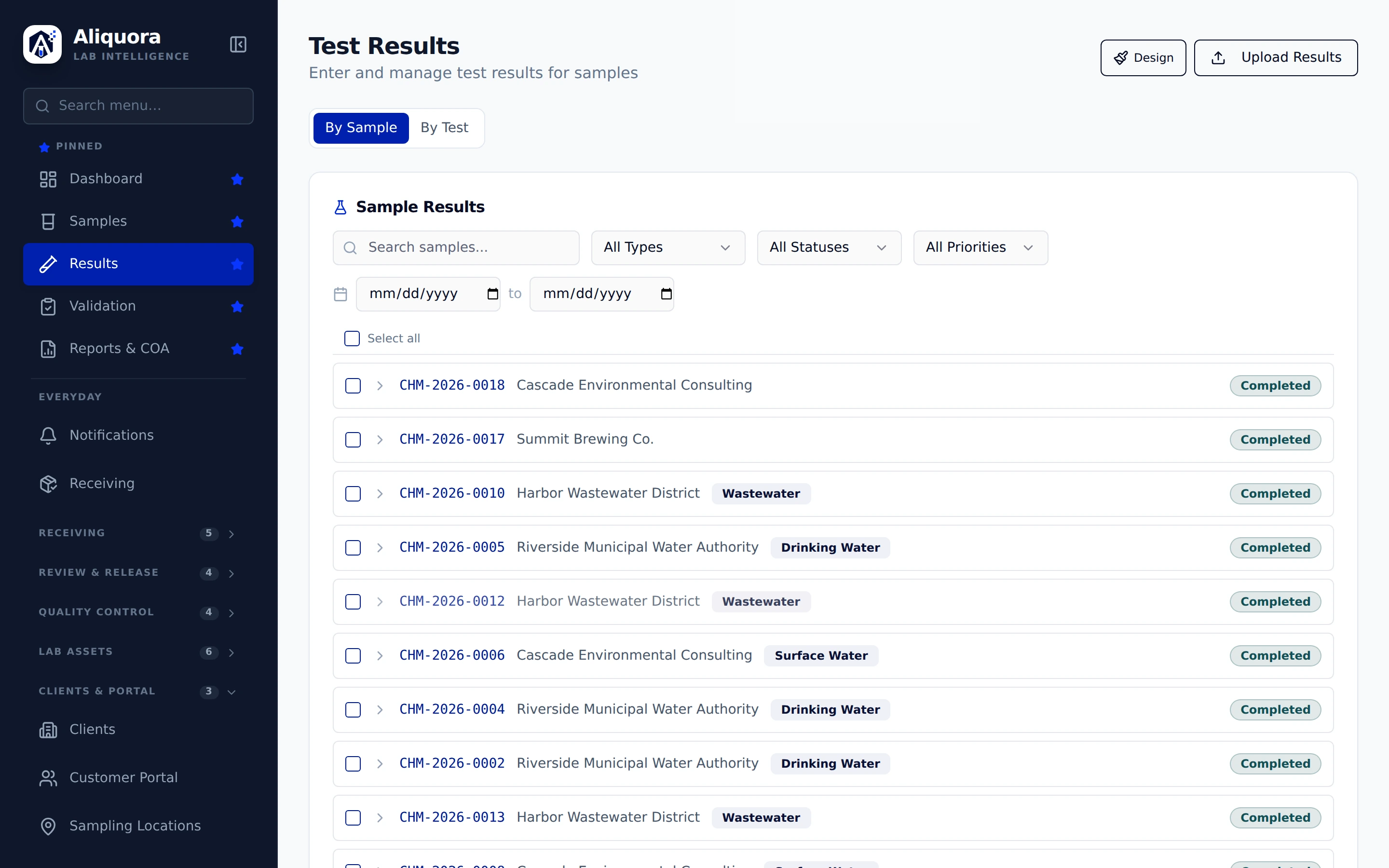 Actual Aliquora quality screen with demo lab data