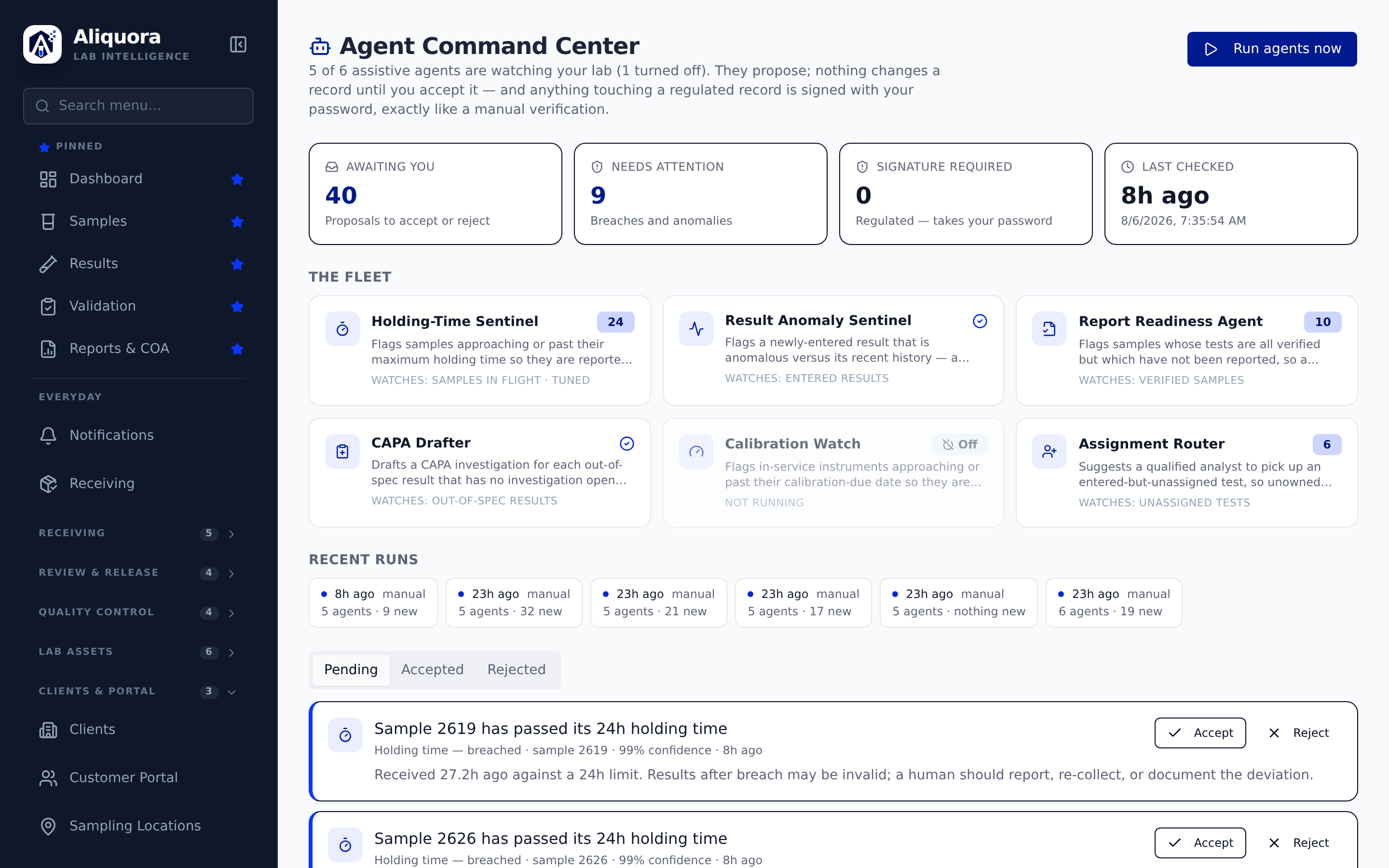 Aliquora Agent Command Center: six assistive AI agents that propose, with human accept/reject