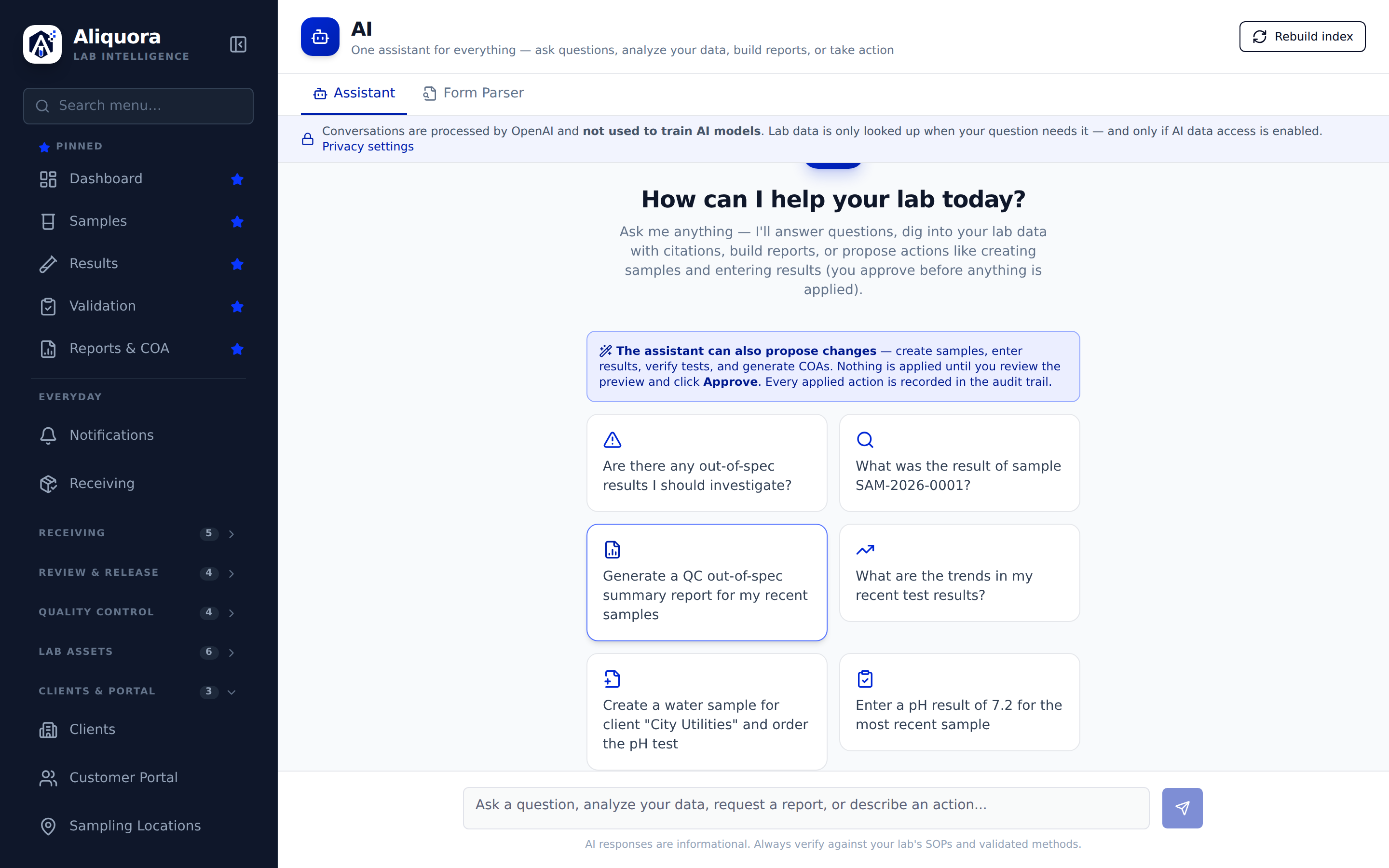 Aliquora AI lab assistant: one chat that answers questions, analyzes lab data with citations, builds reports, or proposes actions for approval