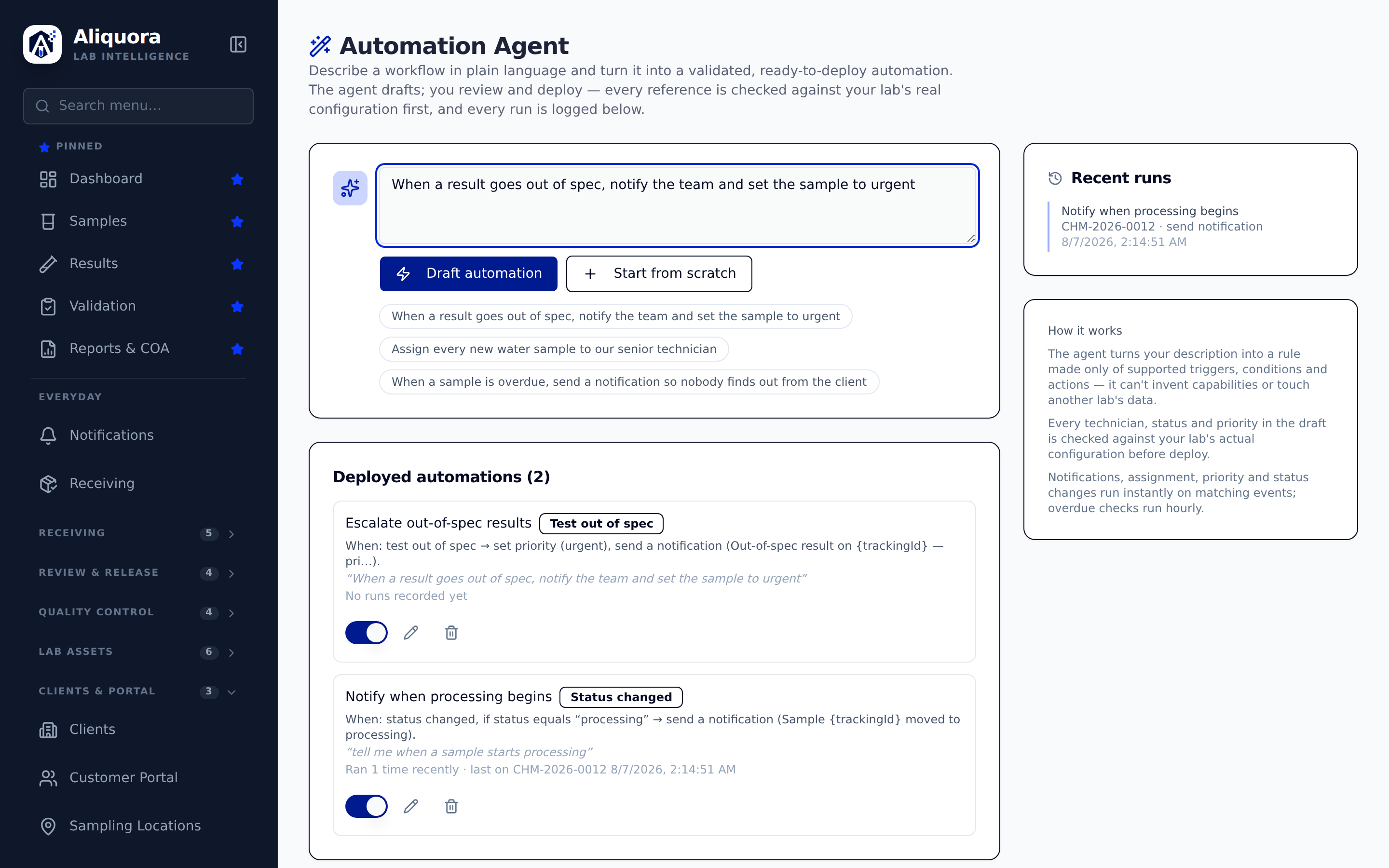 Aliquora Automation Agent: describe a workflow in plain language, review the drafted rule, deploy it, and see every run logged