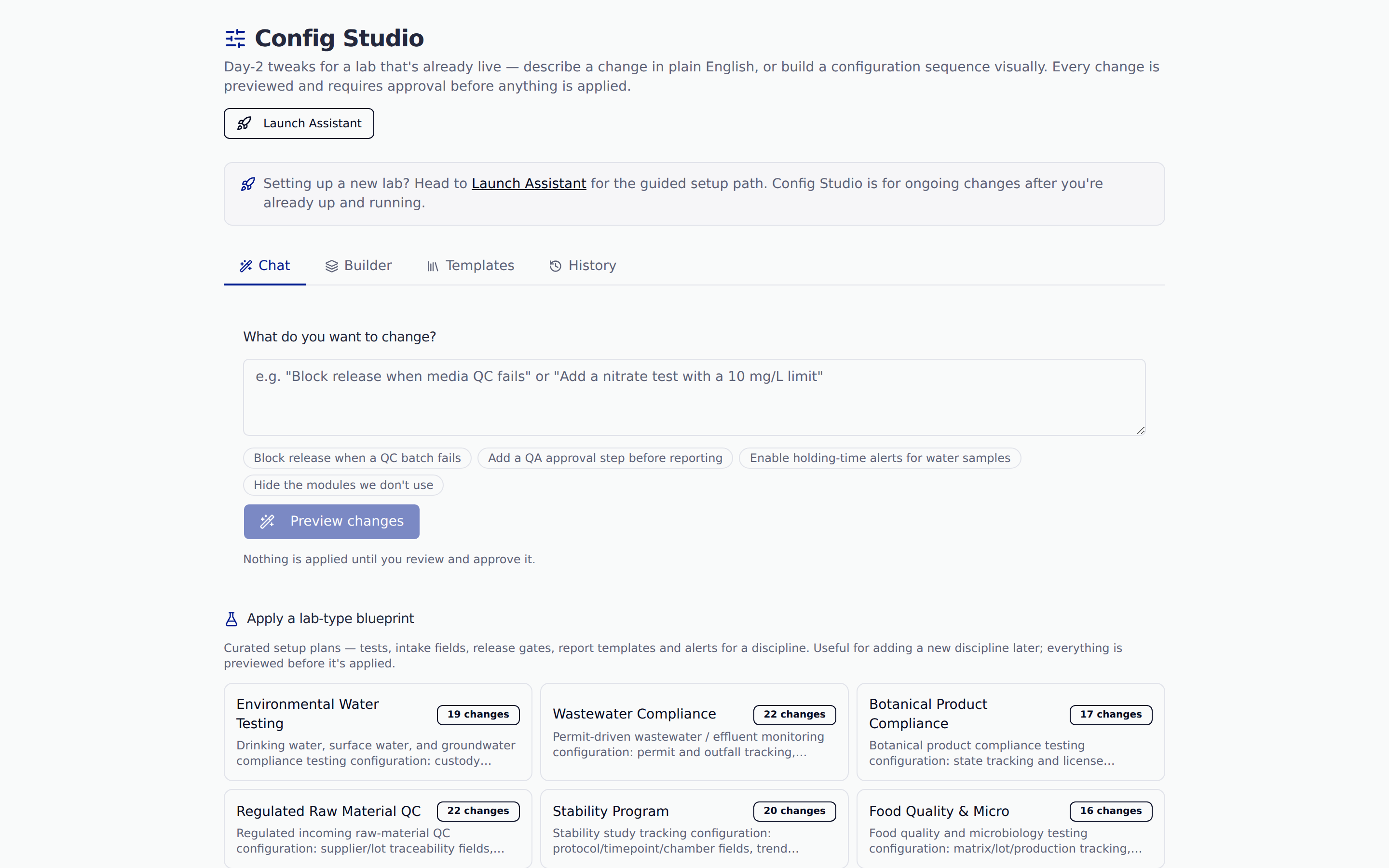 Aliquora Config Studio: describe a configuration change in plain English and review a previewed, approval-gated change