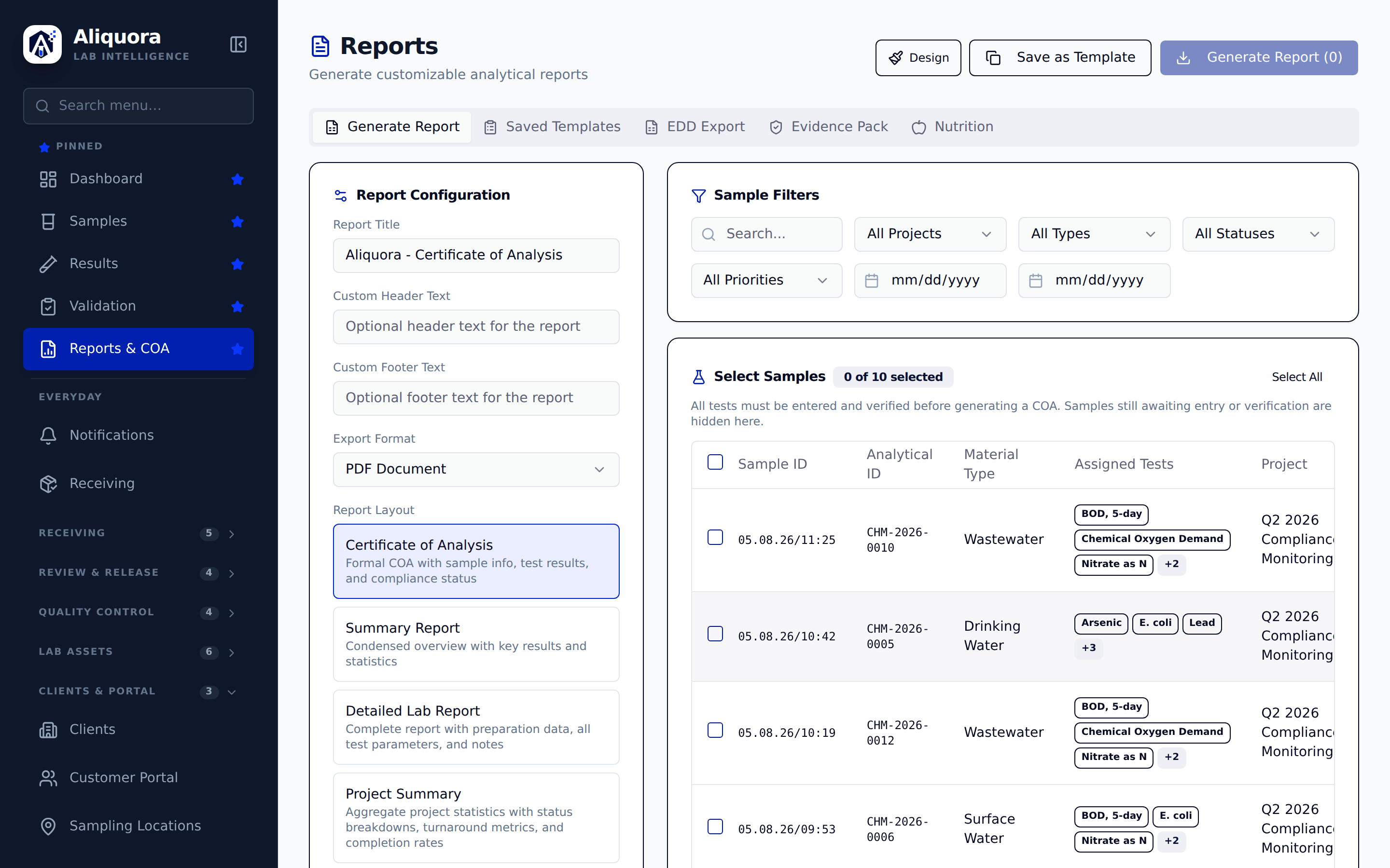Aliquora reports: certificate of analysis builder with sample selection, layouts and EDD export