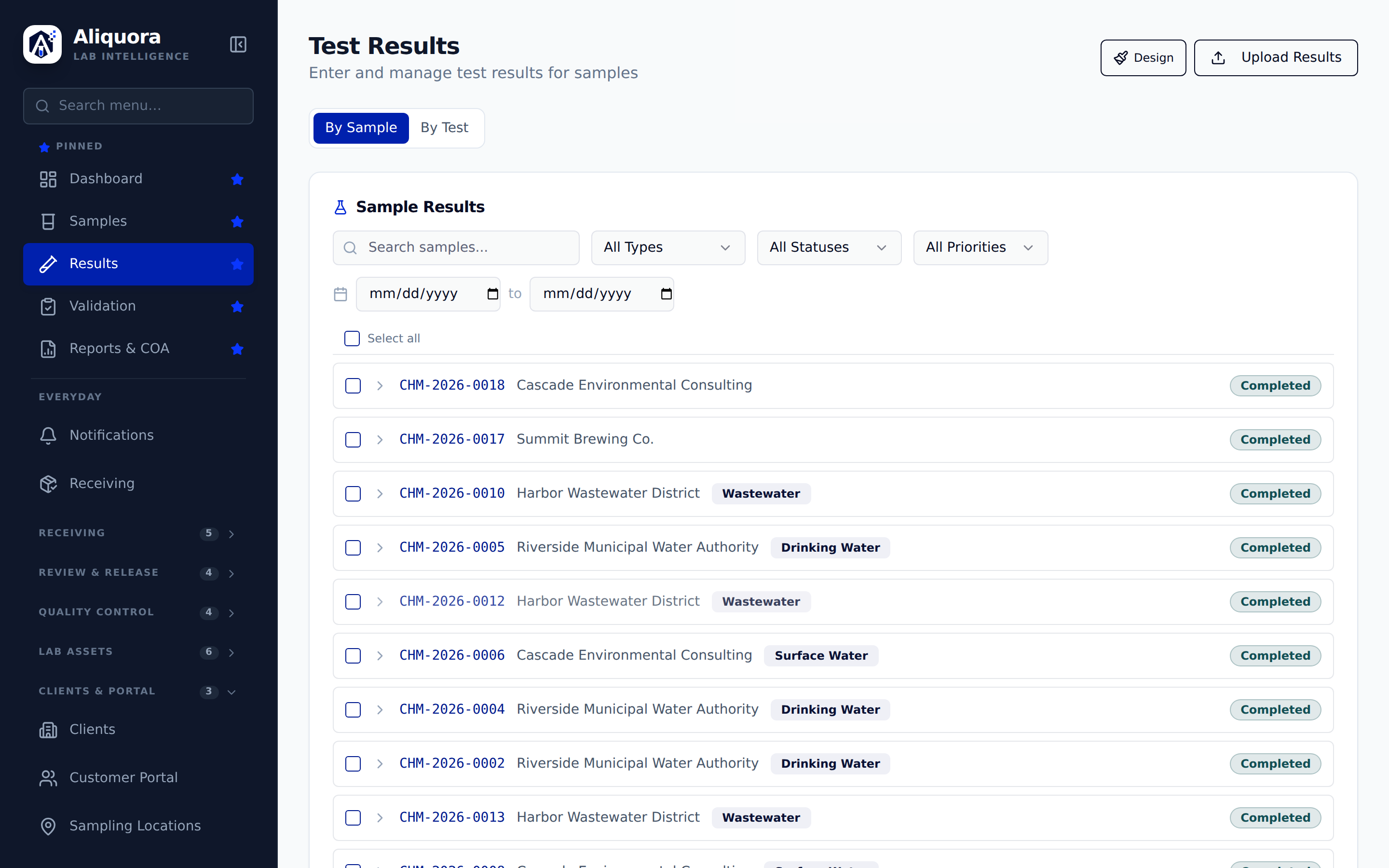 Aliquora test results: enter and manage results by sample or by test, with bulk upload